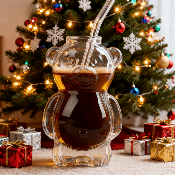 11oz Bear Glass Cold Cup with Straw, Cute Bear Design, Perfect for Iced Coffee, Cold Brew, and Holiday Drinks, Great Christmas Gift for Drink Lovers,(1 Bear Cup with Straw)
