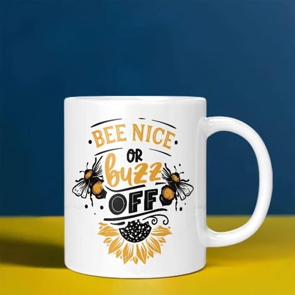 11oz Bee Themed Ceramic Mug BEE NICE or OFF Design with Honeycomb Bees Coffee Tea Smoothies Great Holidays Restaurants Cafes