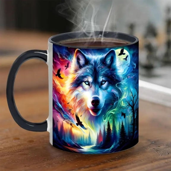 11oz Black Wolf Themed Mug Howling Colorful Sky Design Coffee Tea Beer Milk Ideal Birthdays Holidays Father s Day Mother s Day Easter Home Decor Wolf Decor