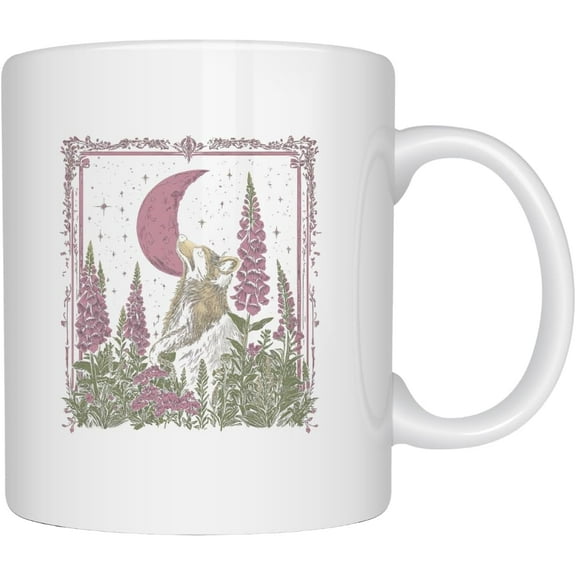 11oz Boho Wolf and Moon Coffee Mug – Mystical Forest Aesthetic Ceramic Cup – Vintage Nature-Inspired Howling Wolf Gift for Wildlife Lovers, Witches & Moon Enthusiasts