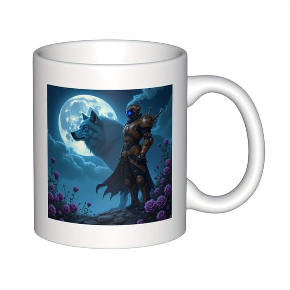 11oz Ceramic Coffee Mug with Fantasy Wolf Armored Under Full Moon Design Purple Roses Blue Night Sky Art Durable Heat Retaining Ceramic Cup Hot Cold D