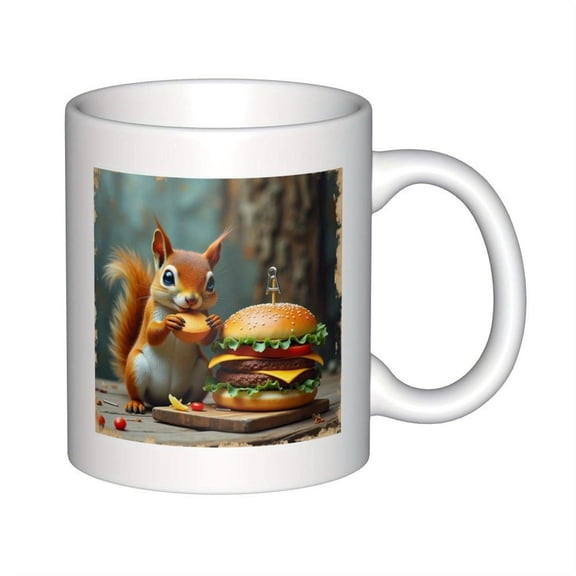 11oz Ceramic Coffee Mug with Handle Funny Red Squirrel Eating Burger Design Durable White Ceramic Cup Hot Cold Drinks Birthday Christmas Holiday Men W