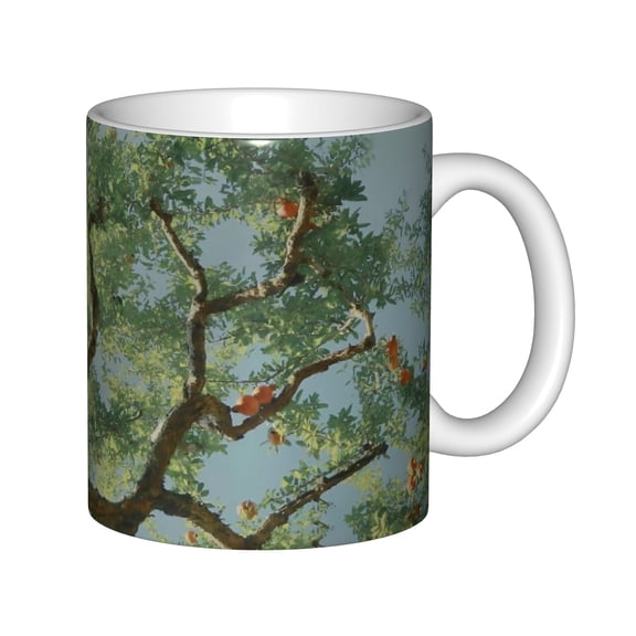 11oz Ceramic Coffee Mug, Oil Painting Pomegranate Tree Design, White Porcelain Tea Cup for Home and Office, Nature Inspired Gift for Fruit Lovers
