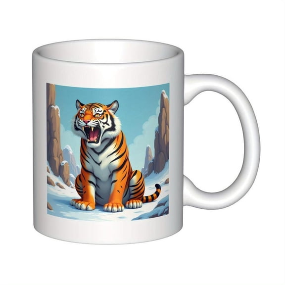 11oz Ceramic Coffee Mug with Roaring Tiger in Snowy Landscape Design Funny Vibrant Drinkware All Seasons Birthday Holiday Christmas and New Year Gifts