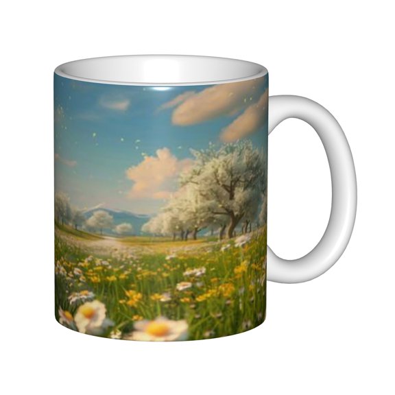 11oz Ceramic Coffee Mug, Spring Nature Landscape with White Daisy Flower Meadow and Trees, Floral Tea Cup Gift for Home