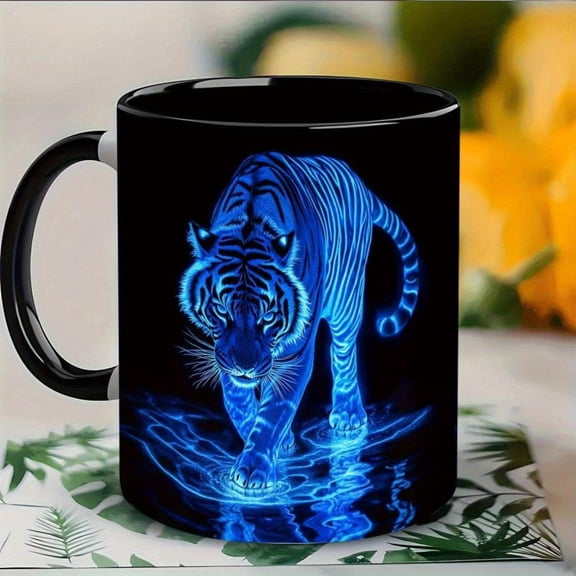 11oz Ceramic Coffee Mug with Vibrant 3D Tiger Print Black Blue Stripes Design Sturdy Handle Dishwasher Durable Statement Piece Home Office or Birthday Easter Valentine S Day Reusable Cup Coffee Tea