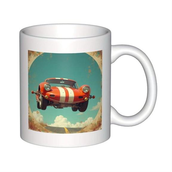 11oz Ceramic Coffee Mug with Vintage Flying Car Design Humorous Red Race Car Leaping Over Road Illustration Durable Heat Retaining Ceramic Birthdays C