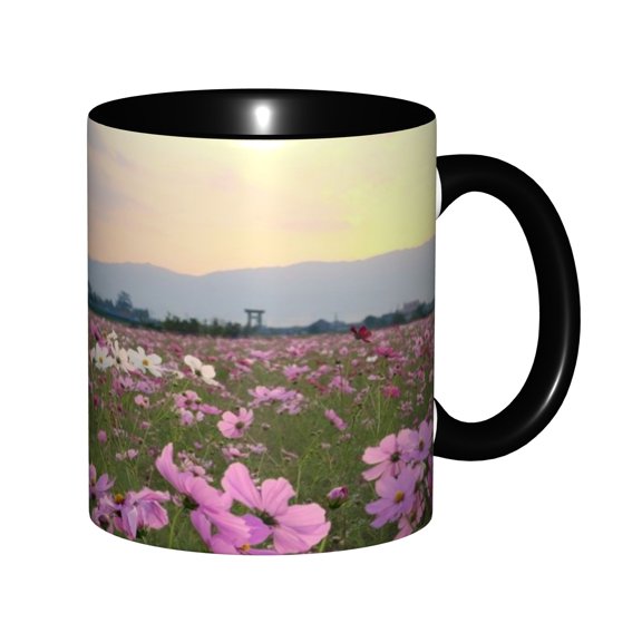 11oz Ceramic Coffee Mug with Pink Cosmos Flower Field Landscape, Two-Tone Black Tea Cup for Office and Home Gift