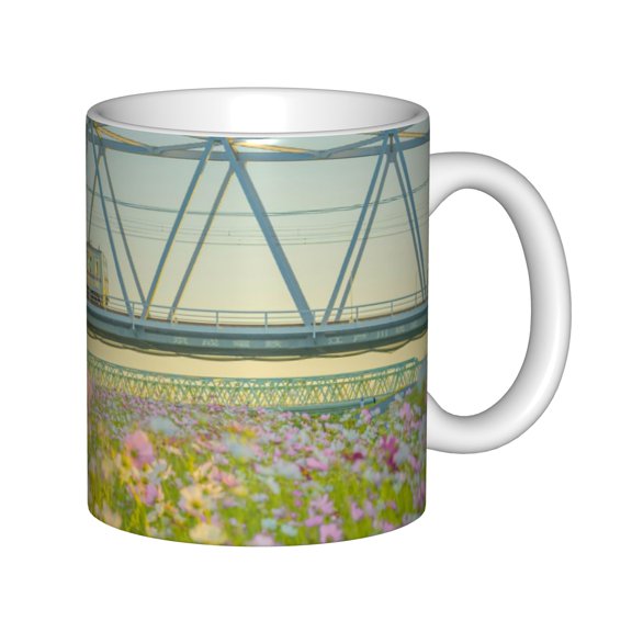 11oz Ceramic Coffee Mug with Train Bridge and Flower Field Print, White Tea Cup for Home and Office, Scenic Landscape Gift for Train Lovers
