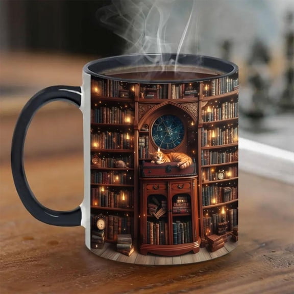 11oz Ceramic Mug with Black Handle Enchanting Library Bookshelf Design Decorative Porcelain Cup Coffee Tea Milk Ideal Book Lovers on Birthdays Valenti
