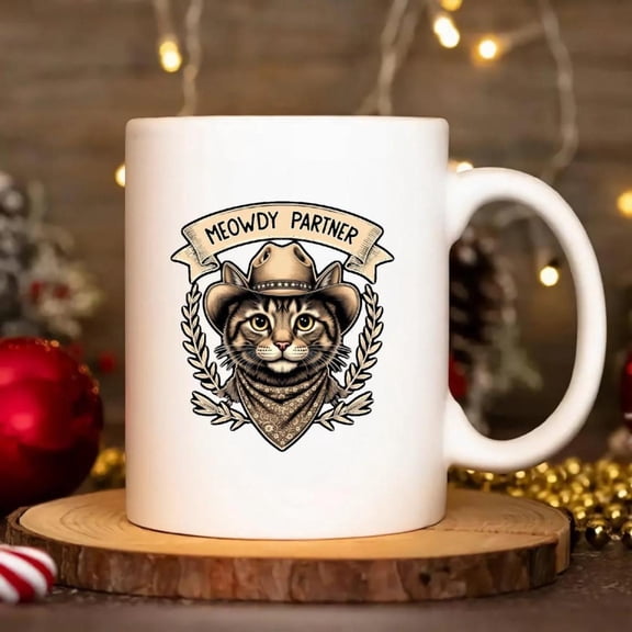 11oz Ceramic Mug with Cowboy MEOWDY PARTNER Design Hand Wash Only Reusable Coffee Tea Cup Home Office Camping Picnic Family Friends Coffee Bar Accessories Camping Drinkware Charmin