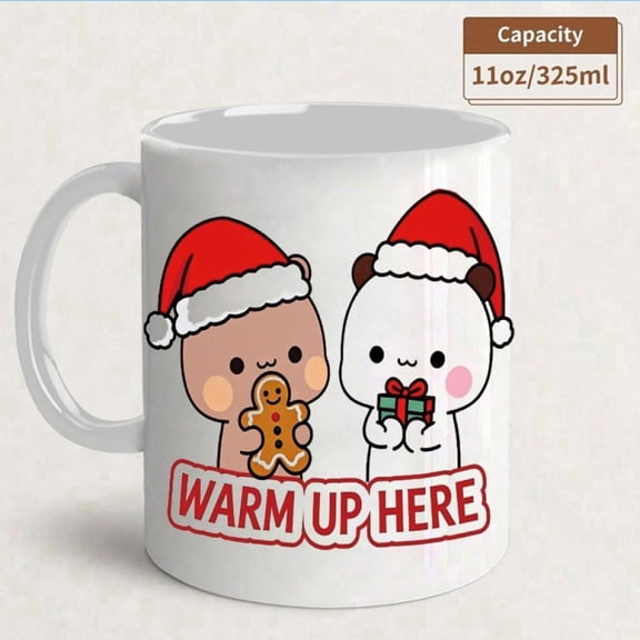 11oz Ceramic Mug with Cute Bear Gingerbread Man in Santa Hats White Brown Reusable Hot Chocolate Cup Christmas Valentine s Easter Hand Wash Only Cozy s Collectors Warm Up Here Design