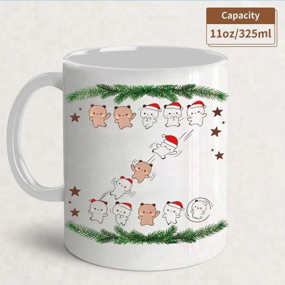 11oz Ceramic Mug with Dancing Bears in Santa Hats Pine Branches Cute Brown White Bear Characters Multi Holiday Cup Christmas Halloween Easter Valentine s Hand Wash Only Cozy Bear Lovers s