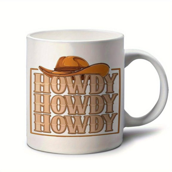 11oz Ceramic Mug with Cowboy Hat Design Howdy Howdy Howdy Text White with Brown Accents Western Country Rodeo or Office Decor Cowboy Accessories
