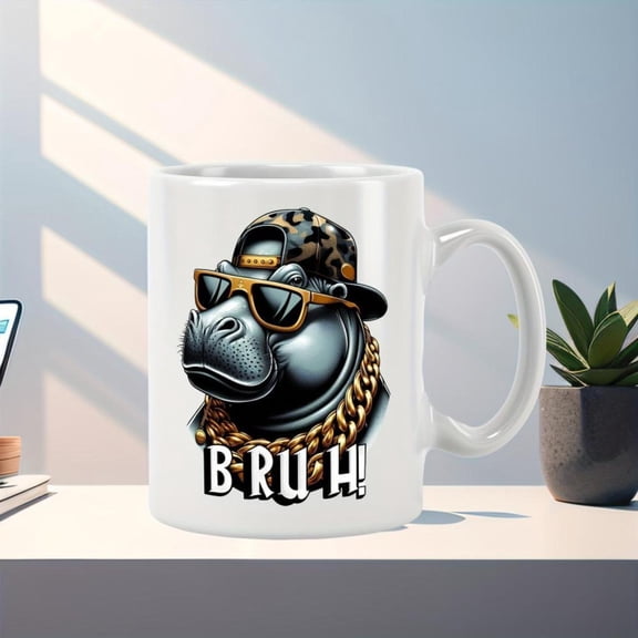 11oz Ceramic Mug with Hippo in Golden Chain Design Double Sided Print Humorous Cute Coffee Cup Christmas or Unique Novelty Present