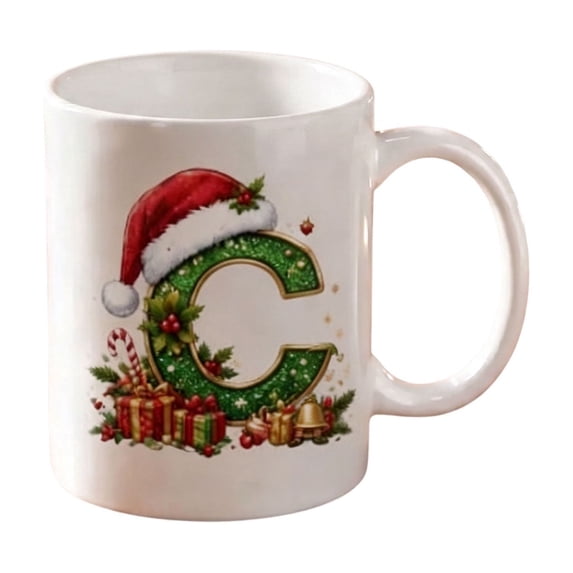 11oz Christmas Initial Ceramic Coffee Mug, Festive Green Glitter Letter Design With Santa Hat Holiday Print, White Drinking Cup For Hot Cocoa Tea, Xmas Gift For Household Daily Use