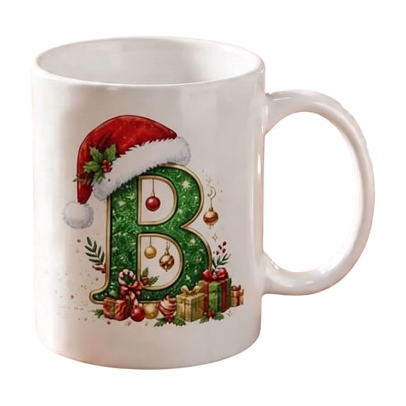 11oz Christmas Initial Ceramic Coffee Mug, Festive Green Glitter Letter Design With Santa Hat Holiday Print, White Drinking Cup For Hot Cocoa Tea, Xmas Gift For Household Daily Use