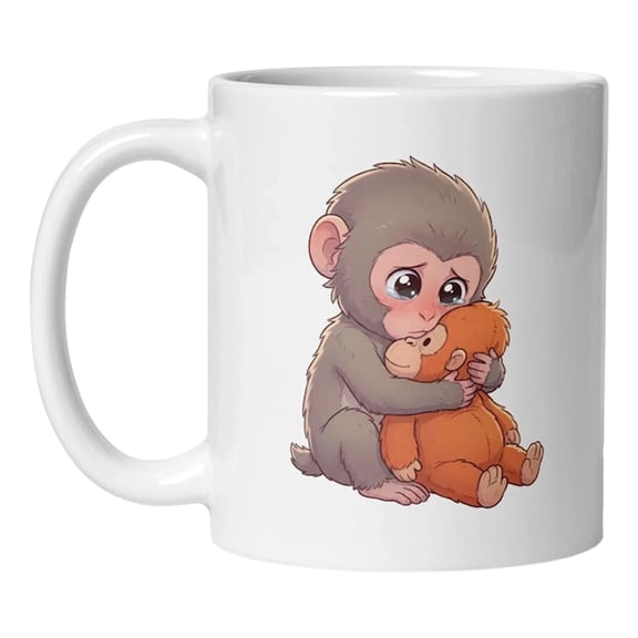11oz Cute Monkey Hugging Plush Ceramic Coffee Mug - Adorable Primate Graphic White Porcelain Tea Cup for Home, Office & Gifting