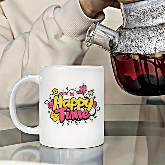 11oz Happy Time Ceramic Coffee Mug Cute Cartoon Design with Hearts Stars Smiling Faces Insulated Reusable Multipurpose Hot Cold Drinks Washable Holidays Birthdays Coffee Bar Accessories