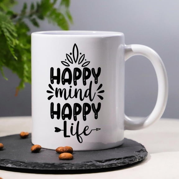 11oz Motivational Ceramic Coffee Mug with Happy Mind Happy Life Design Black Handles Dishwasher Reusable High Quality Home Decor Birthday Christmas or New Year Gifts