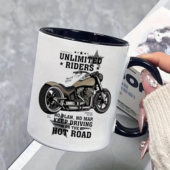 11oz Motorcycle Themed Ceramic Mug Unlimited Riders Design with Vintage Motorcycle Illustration Insulated Reusable Coffee Cup Motorcycle Enthusiasts I