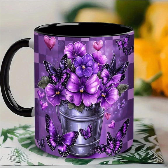 11oz Porcelain Mug Purple Pansy 11oz Porcelain Mug with Floral Design Black Handle Checkered Background with Hearts Valentine s Day Easter Birthday Coffee Tea Beer Lovers