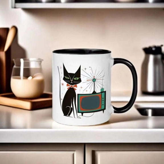 11oz Retro TV Ceramic Coffee Mug Mid Century Modern Design with Black Handle White Exterior Double Sided Printable Durable Dishwasher Ideal Coffee Lovers Kitchen Coffee Bar Accessories Dishwasher Mug