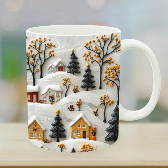 11oz Snow Village Coffee Mug 3D Scandinavian Christmas Art X-mas Winter Coffee Mug Ceramic Coffee Tea Cup Gift for Christmas Friends Family Home Decor
