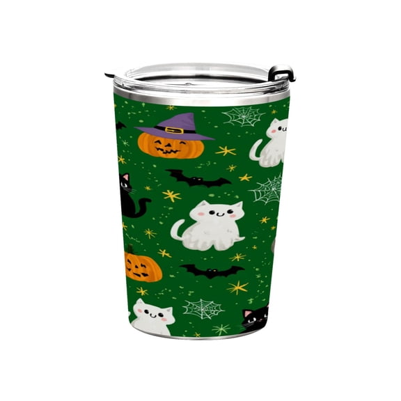 11oz Stainless Steel Tumbler with Straw, Double Wall Insulated Travel Tumbler Green Background with Cats