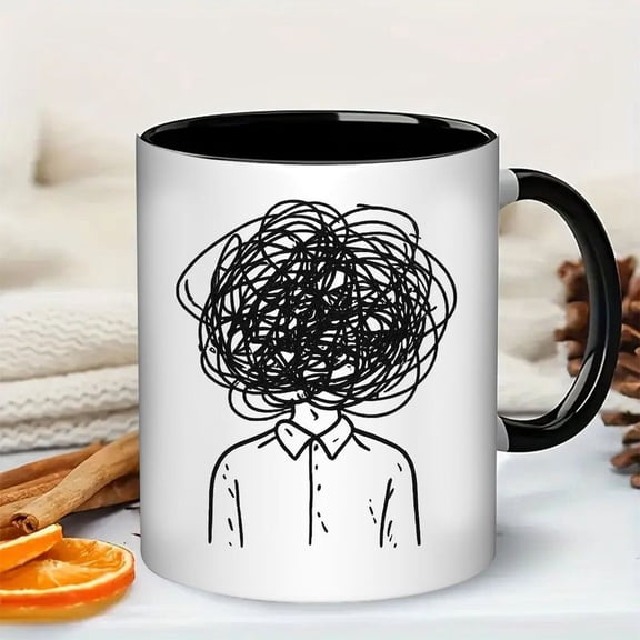 11oz Tangled Mind Anxiety Awareness ceramic mug features an abstract black and white scribble head design. Durable and heat-retaining, it is perfect for overthinkers, a great relax gift. It work