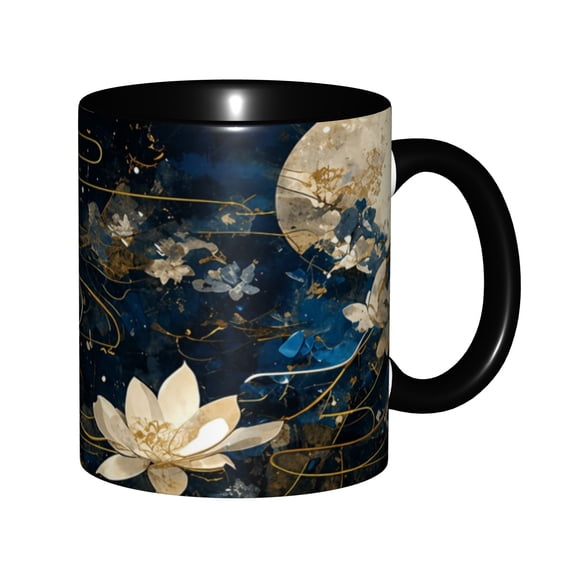 11oz Two-Tone Black Ceramic Mug, Elegant Golden Moon and White Lotus Flower Navy Blue Artistic Coffee Cup