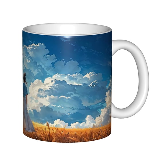11oz White Ceramic Coffee Mug, Anime Style Aesthetic Blue Sky and Clouds Landscape Printing, Artistic Scenery Tea Cup for Office and Home Gift