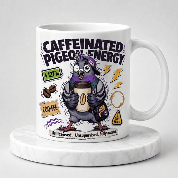 11oz White Ceramic Coffee Mug, Caffeinated Pigeon Energy Hyper Pipzy Rush Coffee Lover Graphic Novelty Cup, Funny Gift for Caffeine Addicts & Bird Fans