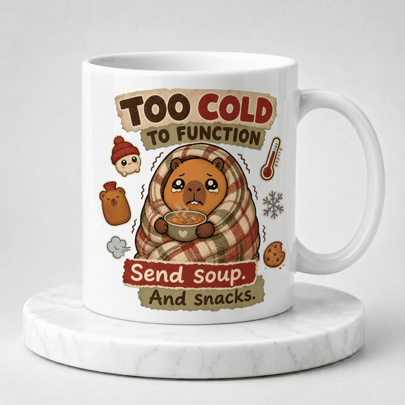 11oz White Ceramic Coffee Mug, Too Cold To Function Chilly Tapi Pondo Capybara Blanket Soup Graphic Novelty Cup, Funny Gift for Cold Weather Lovers & Capybara Fans
