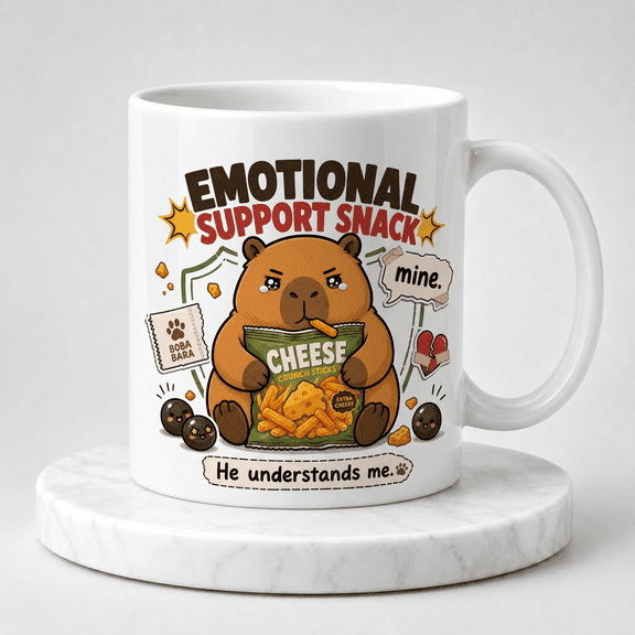 11oz White Ceramic Coffee Mug, Emotional Support Snack Sad Tapi Pondo Capybara Cheese Sticks Graphic Novelty Cup, Funny Gift for Snack Lovers & Capybara Enthusiasts