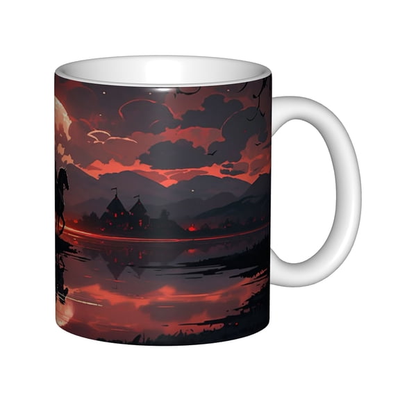 11oz White Ceramic Coffee Mug, Gothic Red Moon Night Landscape with Silhouette Rider Art, Halloween Themed Drinkware Gift for Coffee and Tea Lovers