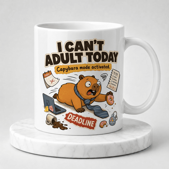 11oz White Ceramic Coffee Mug, I Cant Adult Today Overwhelmed Tapi Pondo Capybara Work Deadline Graphic Novelty Cup, Funny Gift for Overworked Office Staff & Capybara Fans