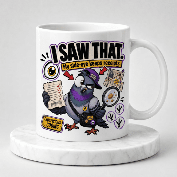 11oz White Ceramic Coffee Mug, I Saw That Snoopy Detective Pipzy Rush Pigeon Side-Eye Receipt Graphic Novelty Cup, Funny Gift for Sassy People & Bird Lovers