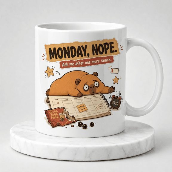 11oz White Ceramic Coffee Mug, Monday Nope Tired Tapi Pondo Capybara Weekly Calendar Graphic Novelty Cup, Funny Gift for Monday Haters & Capybara Fans