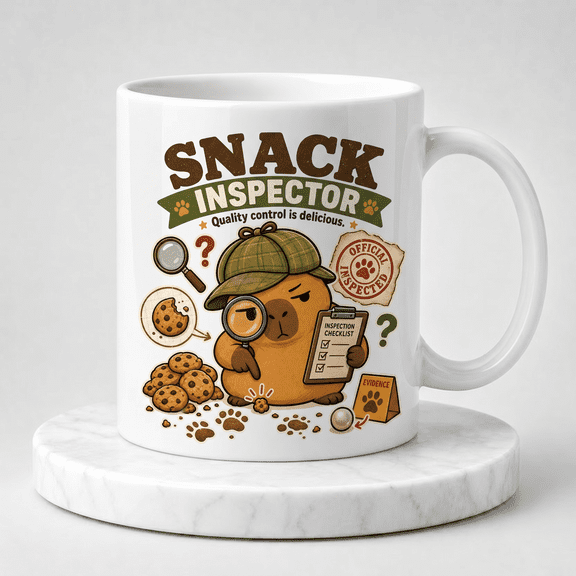 11oz White Ceramic Coffee Mug, Snack Inspector Detective Tapi Pondo Capybara Cookie Graphic Novelty Cup, Funny Gift for Snack Lovers & Capybara Fans