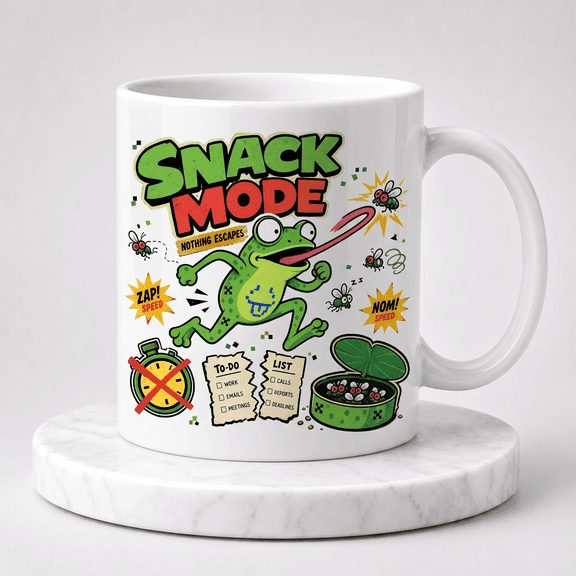 11oz White Ceramic Coffee Mug, Snack Mode Nothing Escapes Hungry Piklo Puddle Frog Bug Hunting Graphic Novelty Cup, Funny Gift for Snack Lovers & Frog Enthusiasts