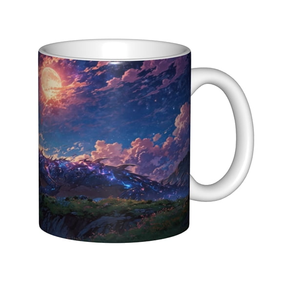 11oz White Ceramic Coffee Mug, Starry Night Sky and Full Moon Landscape Print, Fantasy Aesthetic Tea Cup for Home Office