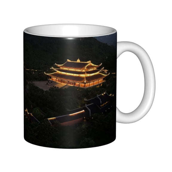 11oz White Ceramic Coffee Mug with Traditional Asian Pagoda Temple Night View Print, Decorative Tea Cup for Home and Office, Souvenir Gift for Travelers