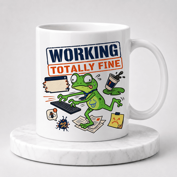 11oz White Ceramic Coffee Mug, Working Totally Fine Stressed Office Piklo Puddle Frog Pixel Tech Graphic Novelty Cup, Funny Gift for Overworked Employees & Frog Lovers