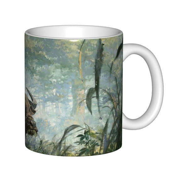 11oz White Ceramic Coffee Mug with Artistic Bison in Green Forest Painting, Wilderness Buffalo Tea Cup Gift for Nature Lovers