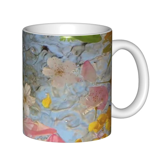 11oz White Ceramic Coffee Mug with Floral Water Reflection Print, Elegant Spring Blossom Tea Cup for Home and Office