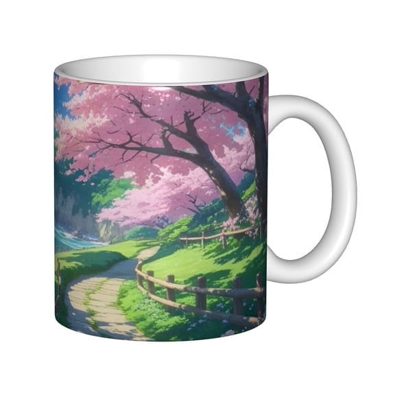 11oz White Ceramic Coffee Mug with Japanese Anime Style Cherry Blossom Garden Landscape, Pink Sakura Tree Tea Cup Gift