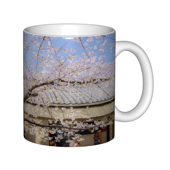 11oz White Ceramic Coffee Mug with Japanese Cherry Blossom Sakura Scenery Print, Decorative Tea Cup for Home and Office Gift, Microwave Safe Mug