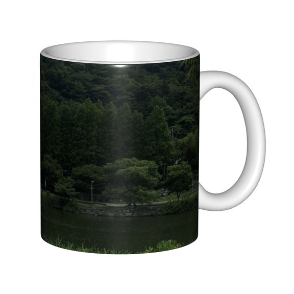 11oz White Ceramic Coffee Mug with Lush Green Forest and River Nature Landscape Print, Scenic Lake View Tea Cup for Home and Office Decor