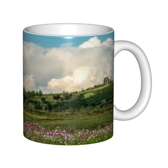 11oz White Ceramic Coffee Mug with Scenic Nature Landscape, Rolling Green Hills and Wildflower Field Print, Desktop Tea Cup Gift for Home Office